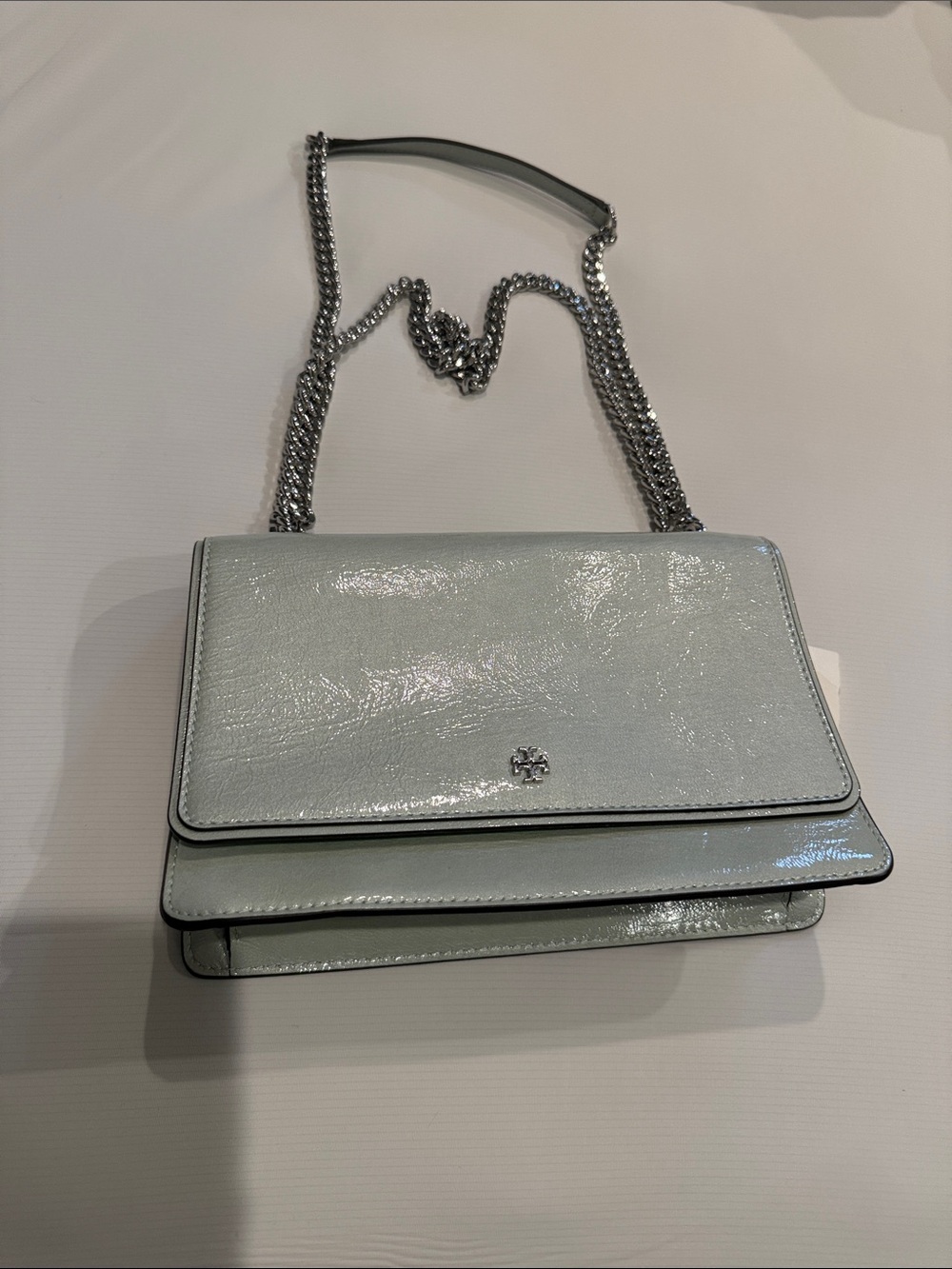 Tory Burch Pale Blue Patent Leather Chain Crossbody